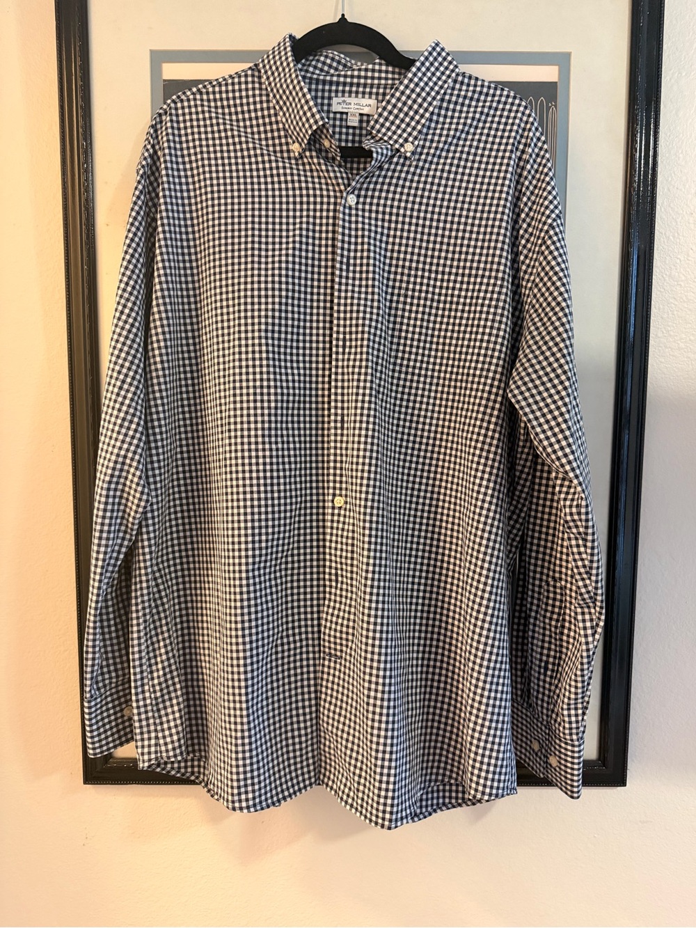 Peter Millar Summer Comfort Navy & White Gingham Button-Down Shirt, Size XXL